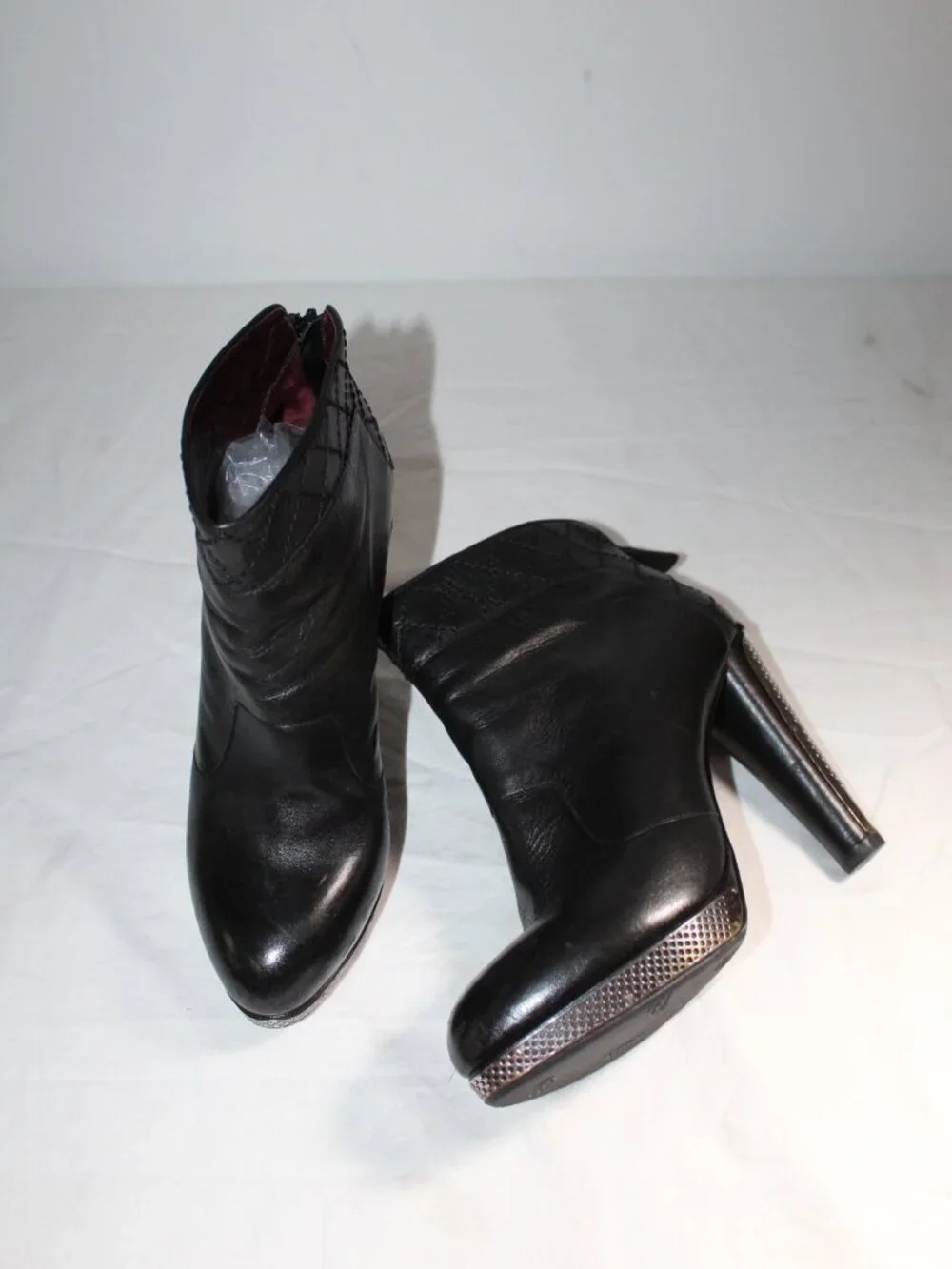 Chanel CC Logo Black Leather Metal Grille Platform Heeled Booties Pumps Boots 41